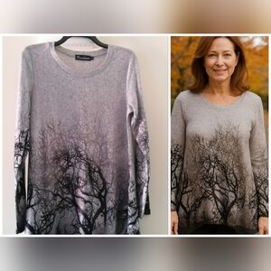 Light Gray with Black Branch Design Long Sleeve Casual Top